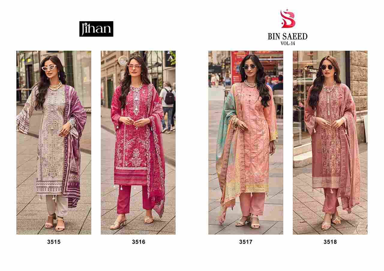 Bin Saeed Vol-14 By Jihan 3515 To 3518 Series Beautiful Stylish Pakistani Suits Fancy Colorful Casual Wear & Ethnic Wear & Ready To Wear Pure Lawn Print Dresses At Wholesale Price