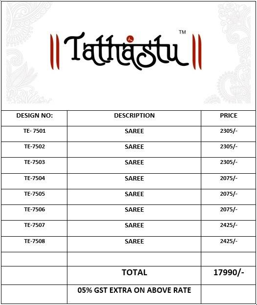 Anaara 7501 Series By Tathastu 7501 To 7508 Series Indian Traditional Wear Collection Beautiful Stylish Fancy Colorful Party Wear & Occasional Wear Silk Sarees At Wholesale Price