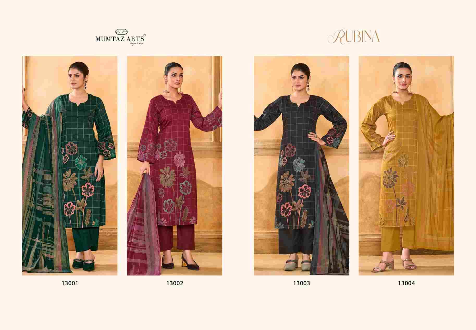 Rubina By Mumtaz Arts 13001 To 13004 Series Beautiful Festive Suits Colorful Stylish Fancy Casual Wear & Ethnic Wear Pure Jam Satin Print With Work Dresses At Wholesale Price