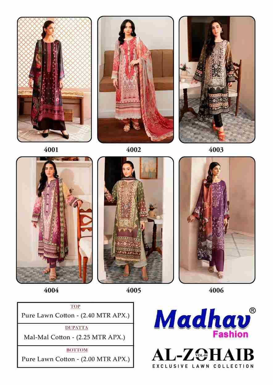 Al-Zohaib Vol-4 By Madhav Fashion 4001 To 4006 Series Beautiful Festive Suits Colorful Stylish Fancy Casual Wear & Ethnic Wear Pure Lawn Cotton Embroidered Dresses At Wholesale Price