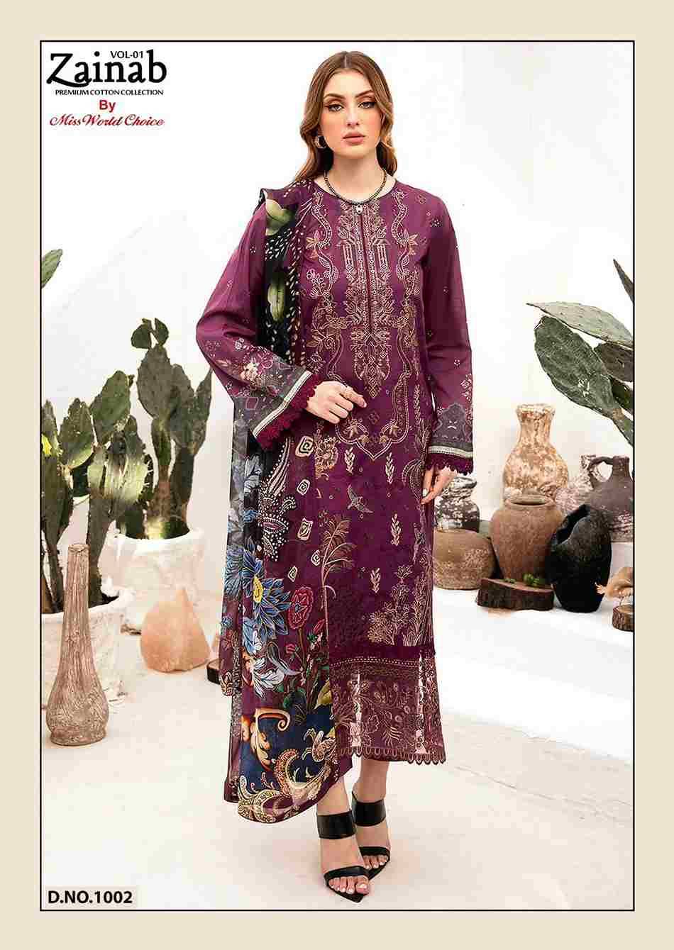 Zainab Vol-1 By Miss World Choice 1001 To 1006 Series Beautiful Festive Suits Colorful Stylish Fancy Casual Wear & Ethnic Wear Lawn Cotton Embroidered Dresses At Wholesale Price