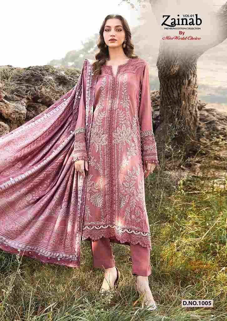 Zainab Vol-1 By Miss World Choice 1001 To 1006 Series Beautiful Festive Suits Colorful Stylish Fancy Casual Wear & Ethnic Wear Lawn Cotton Embroidered Dresses At Wholesale Price