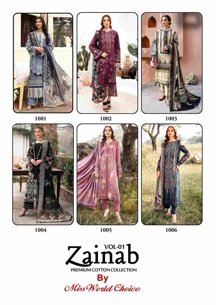 Zainab Vol-1 By Miss World Choice 1001 To 1006 Series Beautiful Festive Suits Colorful Stylish Fancy Casual Wear & Ethnic Wear Lawn Cotton Embroidered Dresses At Wholesale Price