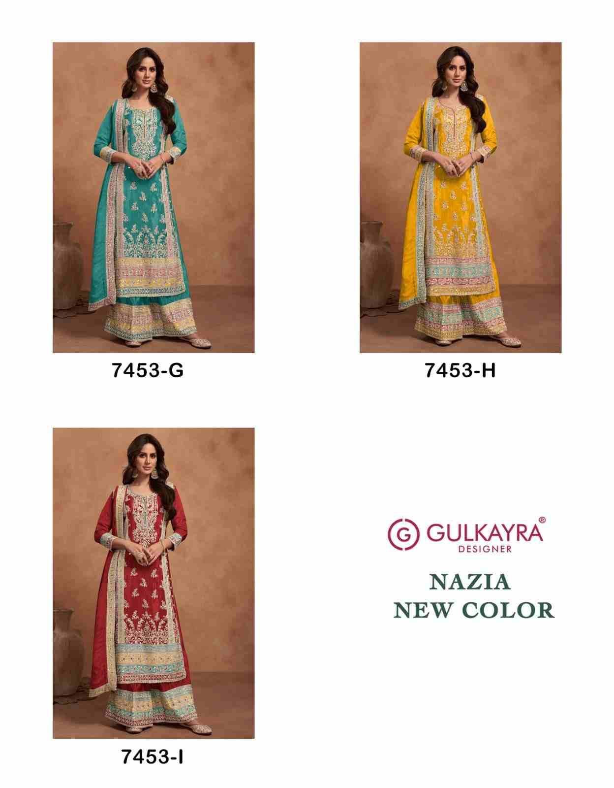 Nazia New Color By Gulkayra Designer 7453-G To 7453-I Series Beautiful Sharara Suits Colorful Stylish Fancy Casual Wear & Ethnic Wear Silk Embroidery Dresses At Wholesale Price