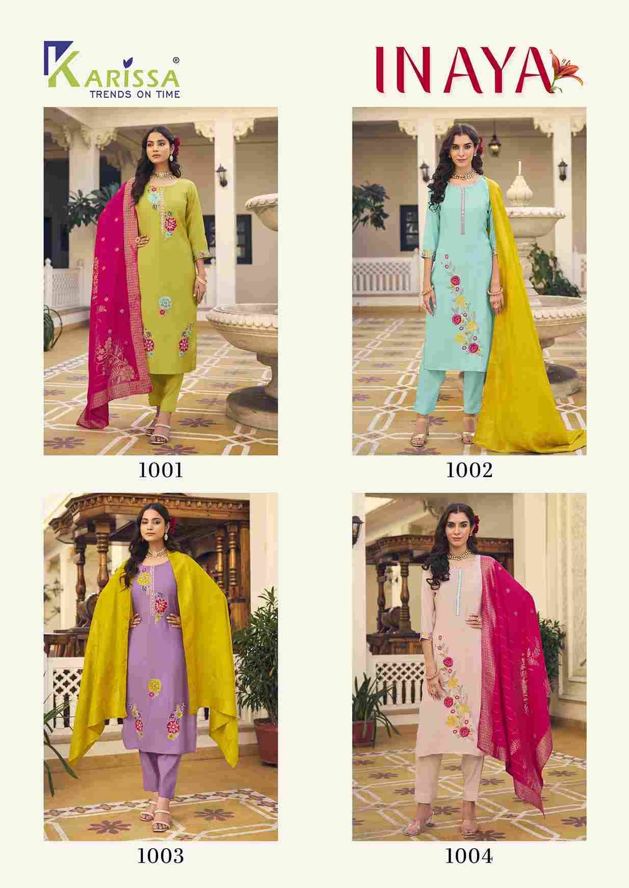 Inaya By Karissa 1001 To 1004 Series Beautiful Festive Suits Colorful Stylish Fancy Casual Wear & Ethnic Wear Viscose With Work Dresses At Wholesale Price