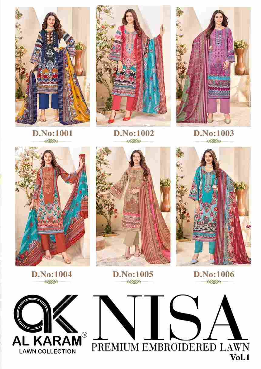 Nisa By Al Karam Lawn Collection 1001 To 1006 Series Beautiful Pakistani Suits Stylish Fancy Colorful Casual Wear & Ethnic Wear Pure Cotton Print Dresses At Wholesale Price