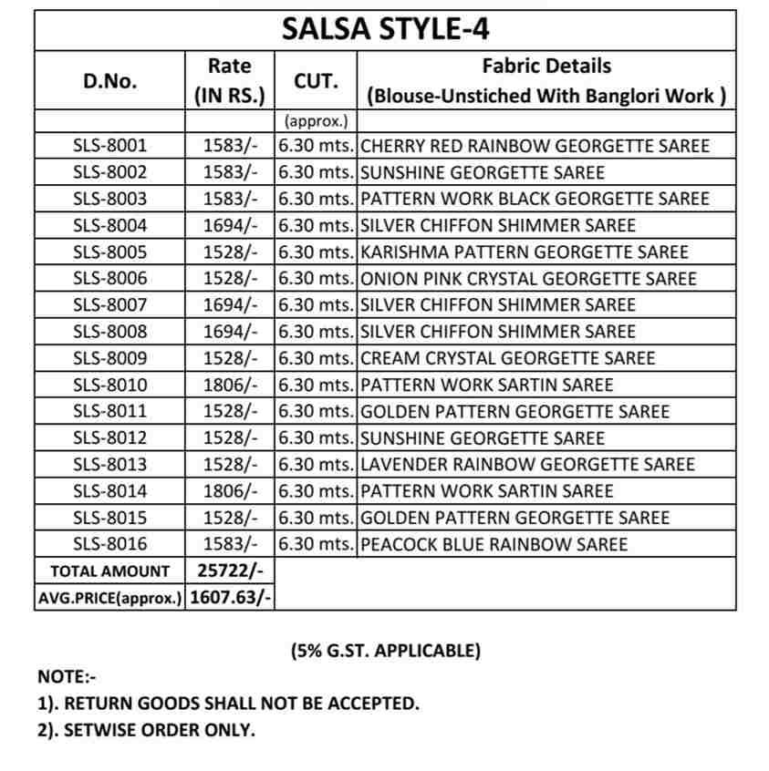 Salsa Style Vol-4 By TFH 8001 To 8016 Series Indian Traditional Wear Collection Beautiful Stylish Fancy Colorful Party Wear & Occasional Wear Georgette/Satin Sarees At Wholesale Price