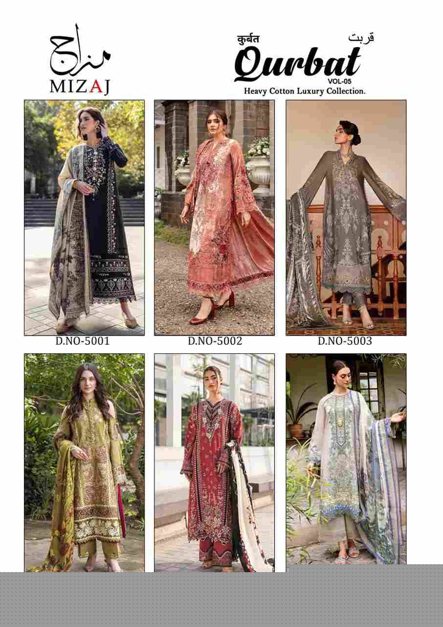 Qurbat Vol-5 By Mizaj 5001 To 5006 Series Beautiful Suits Colorful Stylish Fancy Casual Wear & Ethnic Wear Premium Cotton Print Dresses At Wholesale Price