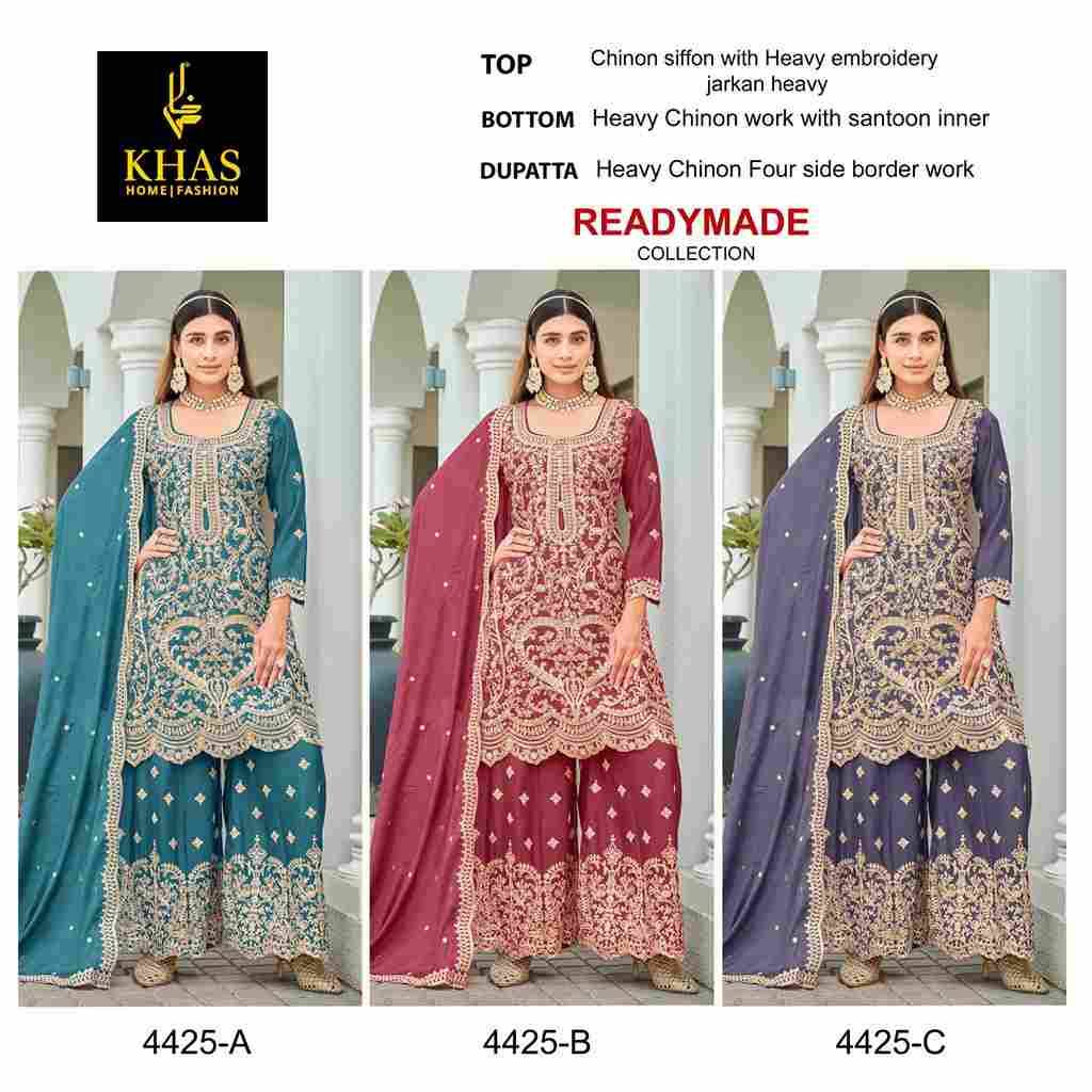 Khas 4425 Colours By Khas 4425-A To 4425-C Series Beautiful Pakistani Suits Colorful Stylish Fancy Casual Wear & Ethnic Wear Chinnon Silk Embroidered Dresses At Wholesale Price
