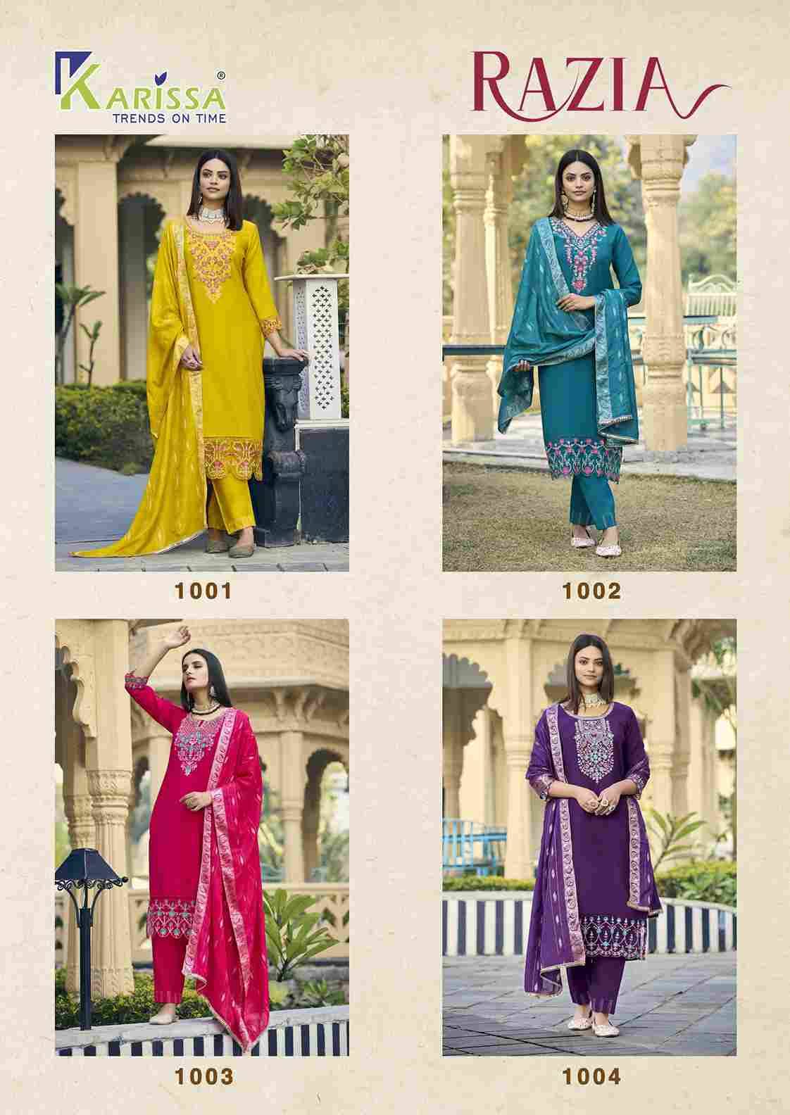 Razia By Karissa 1001 To 1004 Series Beautiful Festive Suits Colorful Stylish Fancy Casual Wear & Ethnic Wear Viscose With Work Dresses At Wholesale Price