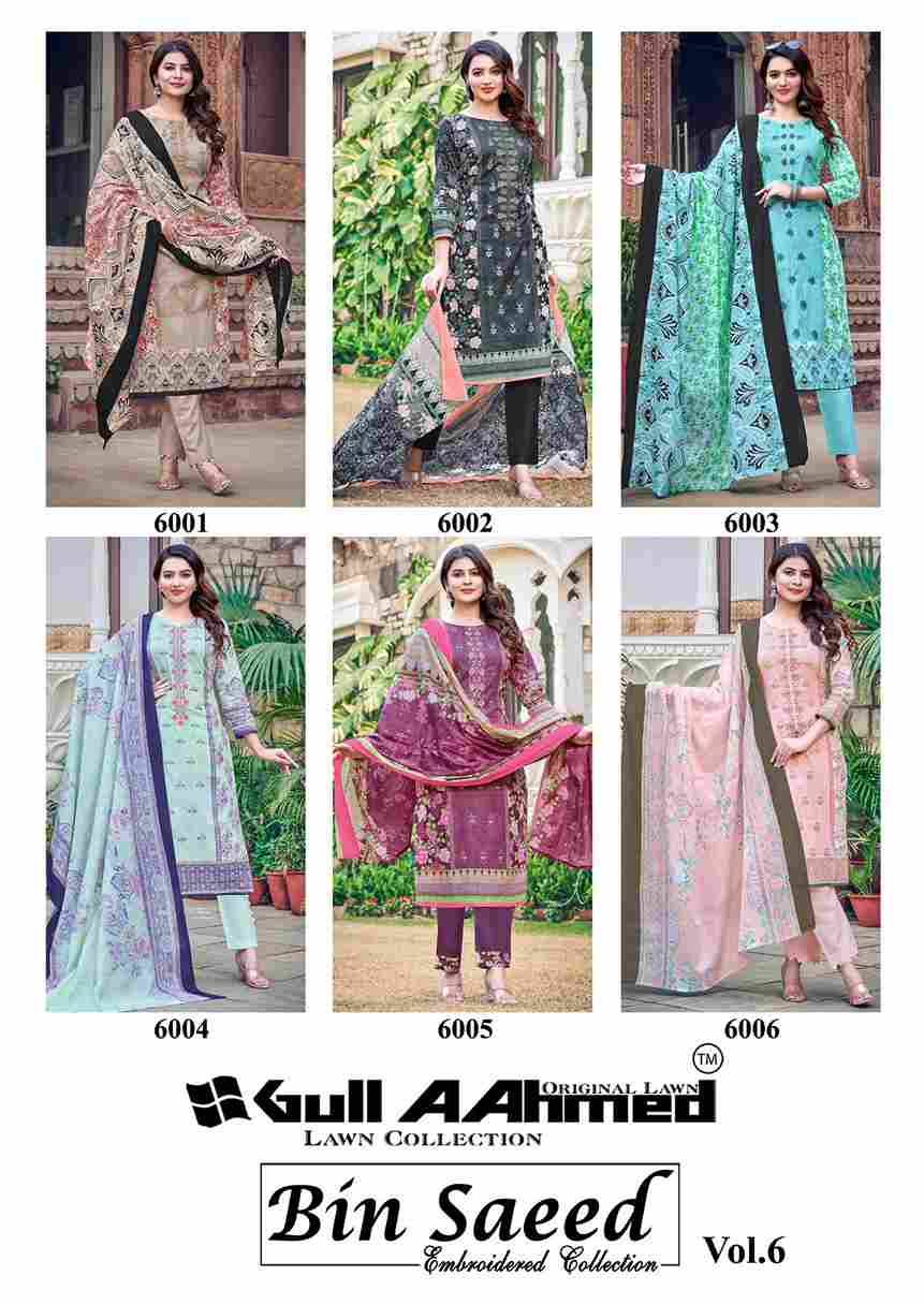 Bin Saeed Vol-6 By Gull Aahmed 6001 To 6006 Series Beautiful Festive Suits Stylish Fancy Colorful Casual Wear & Ethnic Wear Pure Cambric Cotton Print Dresses At Wholesale Price