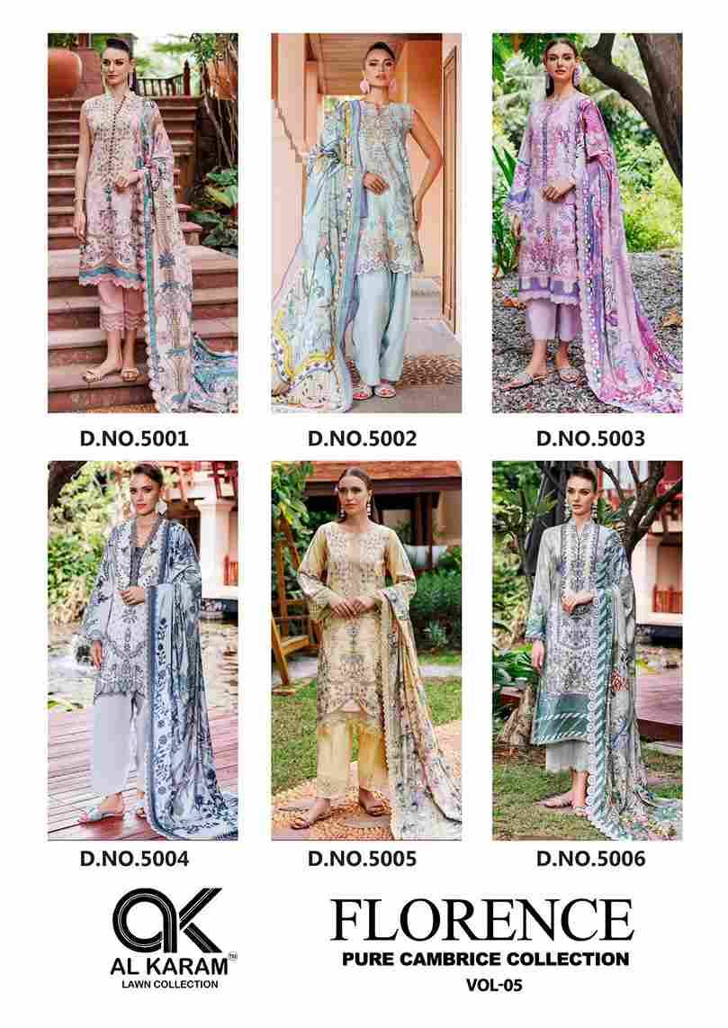 Florence Vol-5 By Al Karam Lawn Collection 5001 To 5006 Series Beautiful Pakistani Suits Stylish Fancy Colorful Casual Wear & Ethnic Wear Pure Cambric Dresses At Wholesale Price