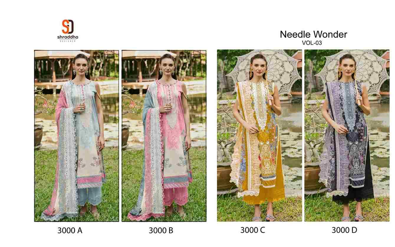 Needle Wonder Vol-3 By Shraddha Designer 3000-A To 3000-D Series Beautiful Pakistani Suits Colorful Stylish Fancy Casual Wear & Ethnic Wear Pure Cotton Embroidered Dresses At Wholesale Price