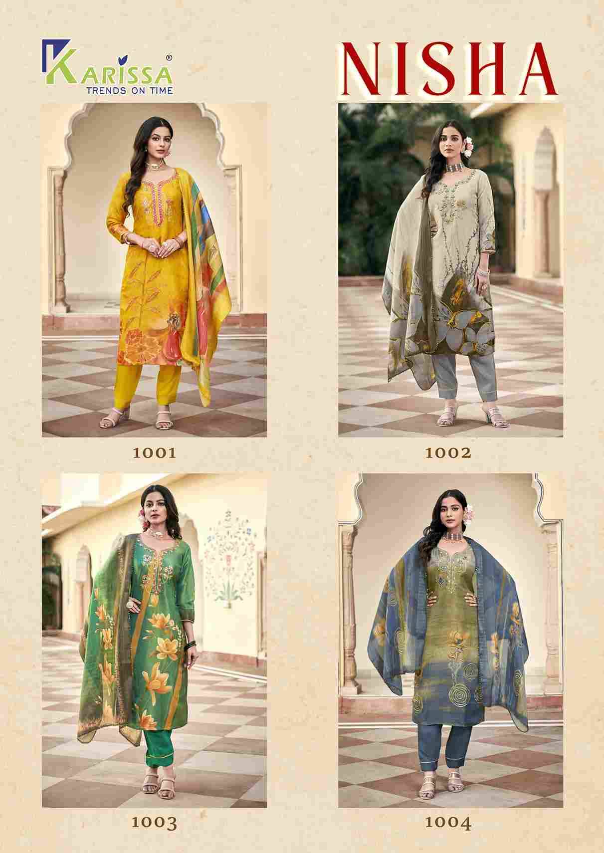 Nisha By Karissa 1001 To 1004 Series Beautiful Festive Suits Colorful Stylish Fancy Casual Wear & Ethnic Wear Viscose With Work Dresses At Wholesale Price
