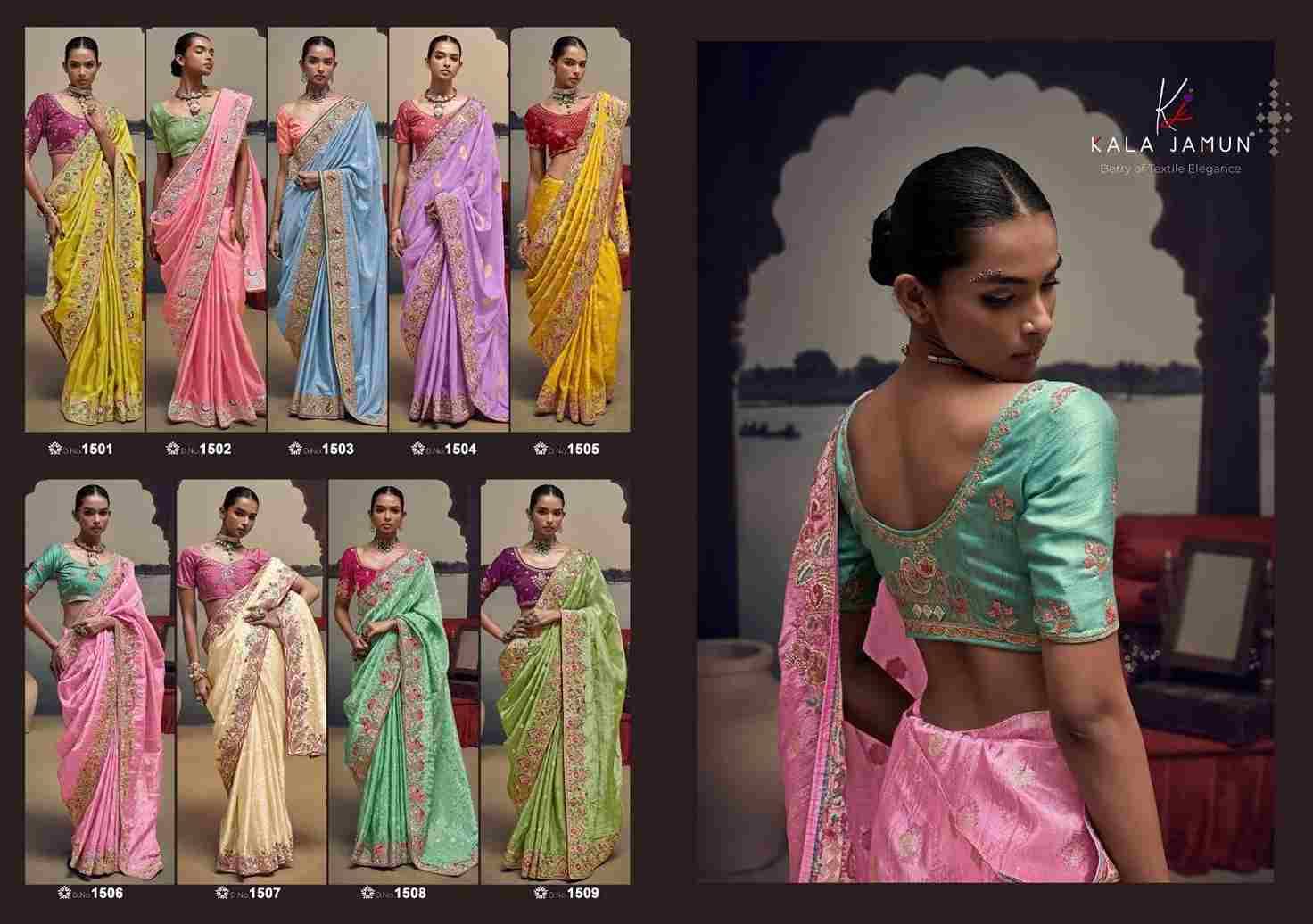 Karigiri By Kala Jamun 1501 To 1509 Series Indian Traditional Wear Collection Beautiful Stylish Fancy Colorful Party Wear & Occasional Wear Satin Sarees At Wholesale Price