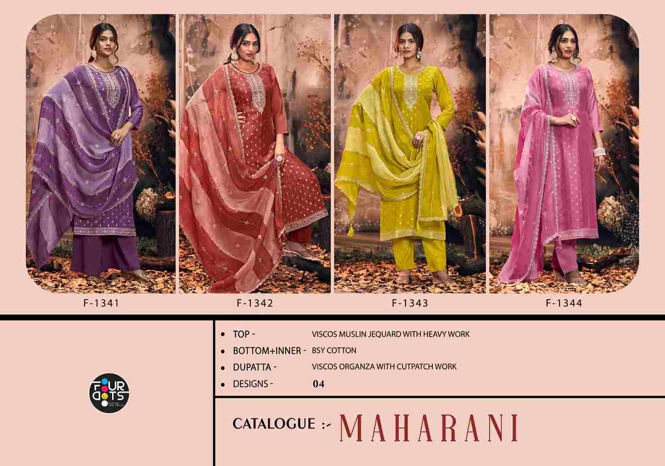 Maharani By Four Dots 1341 To 1344 Series Beautiful Festive Suits Colorful Stylish Fancy Casual Wear & Ethnic Wear Viscose Muslin Jacquard Dresses At Wholesale Price