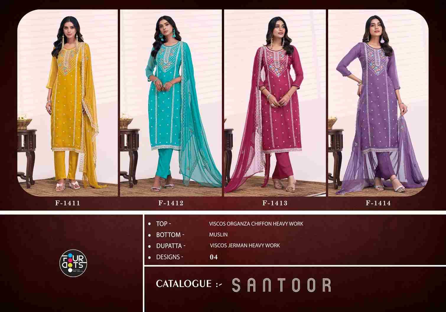 Santoor By Four Dots 1411 To 1414 Series Beautiful Festive Suits Colorful Stylish Fancy Casual Wear & Ethnic Wear Viscose Organza Chiffon Dresses At Wholesale Price
