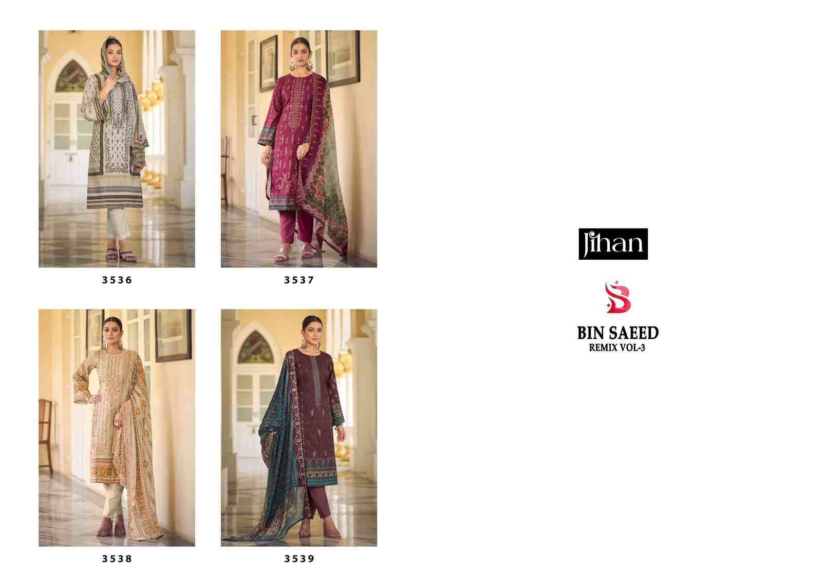 Bin Saeed Remix Vol-3 By Jihan 3536 To 3539 Series Beautiful Stylish Pakistani Suits Fancy Colorful Casual Wear & Ethnic Wear & Ready To Wear Pure Lawn Print Dresses At Wholesale Price