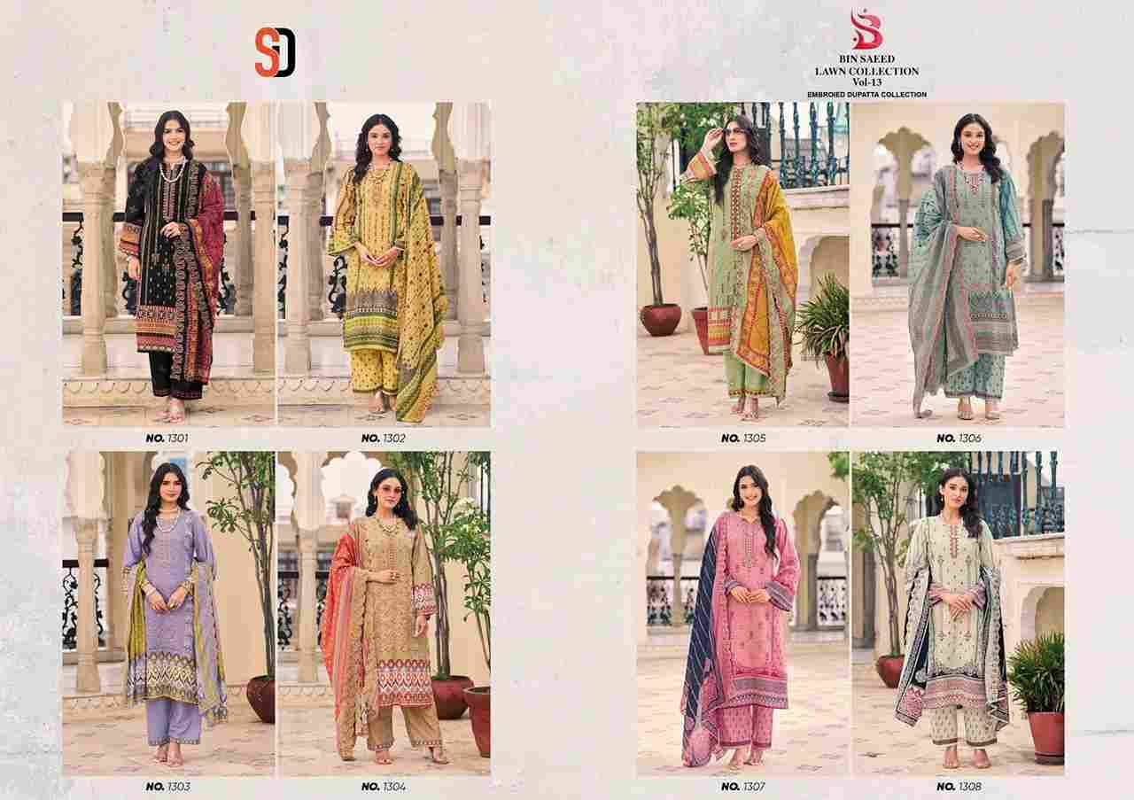 Bin Saeed Lawn Collection Vol-13 By Shraddha Designer 1301 To 1308 Series Designer Pakistani Suits Beautiful Fancy Stylish Colorful Party Wear & Occasional Wear Pure Cotton Print With Embroidery Dresses At Wholesale Price