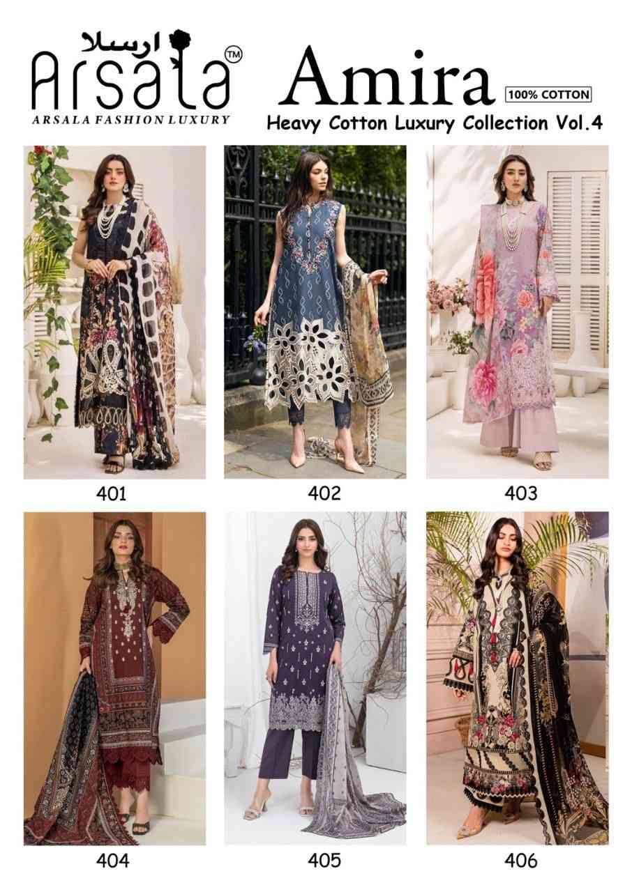 Amira Vol-4 By Arsala 401 To 406 Series Beautiful Festive Suits Stylish Fancy Colorful Casual Wear & Ethnic Wear Pure Lawn Cotton Print Dresses At Wholesale Price