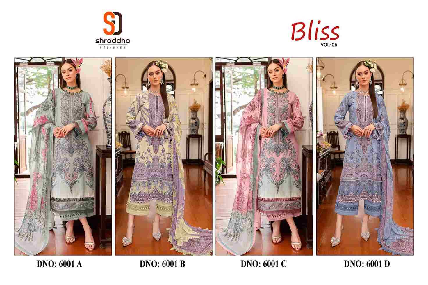 Bliss Vol-6 By Shraddha Designer 6001-A To 6001-D Series Beautiful Festive Suits Colorful Stylish Fancy Casual Wear & Ethnic Wear Lawn Cotton Embroidered Dresses At Wholesale Price