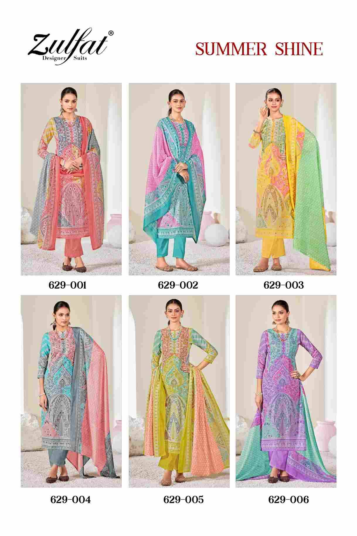 Summer Shine By Zulfat 629-001 To 629-006 Series Beautiful Festive Suits Stylish Fancy Colorful Casual Wear & Ethnic Wear Pure Cotton Print Dresses At Wholesale Price