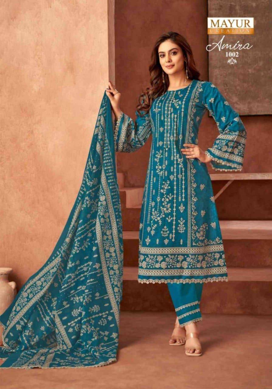 Amira Vol-1 By Mayur Creation 1001 To 1008 Series Beautiful Festive Suits Stylish Fancy Colorful Casual Wear & Ethnic Wear Cotton Print Dresses At Wholesale Price