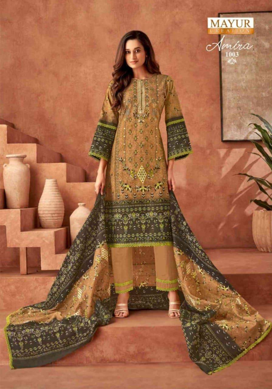 Amira Vol-1 By Mayur Creation 1001 To 1008 Series Beautiful Festive Suits Stylish Fancy Colorful Casual Wear & Ethnic Wear Cotton Print Dresses At Wholesale Price
