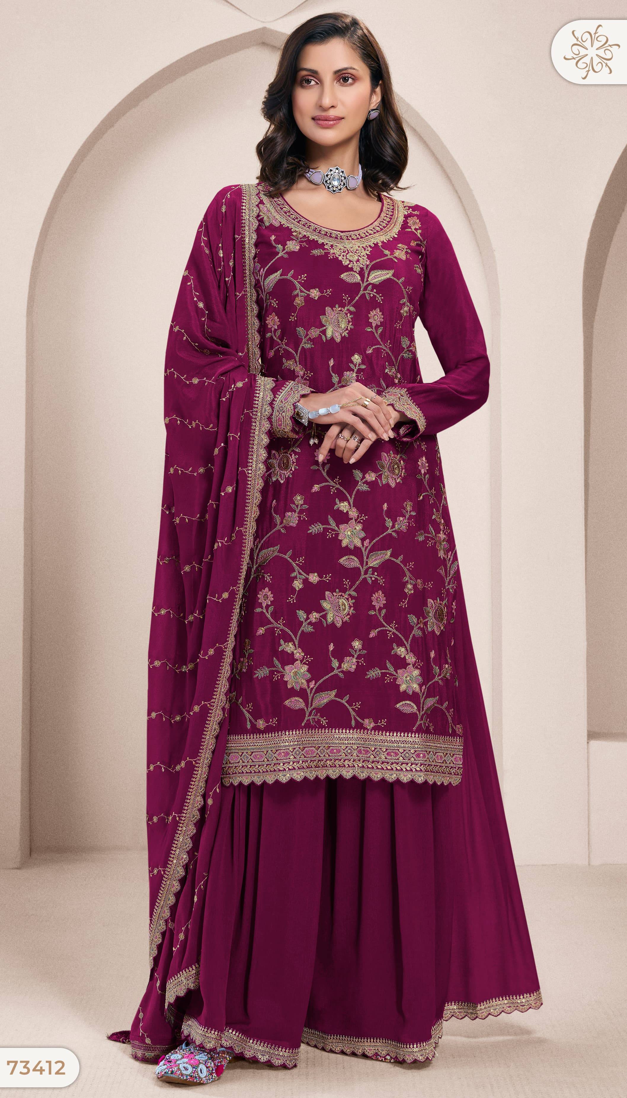 Lekha By Vinay Fashion 73411 To 73414 Series Designer Festive Suits Collection Beautiful Stylish Fancy Colorful Party Wear & Occasional Wear Embroidered Chinnon Dresses At Wholesale Price
