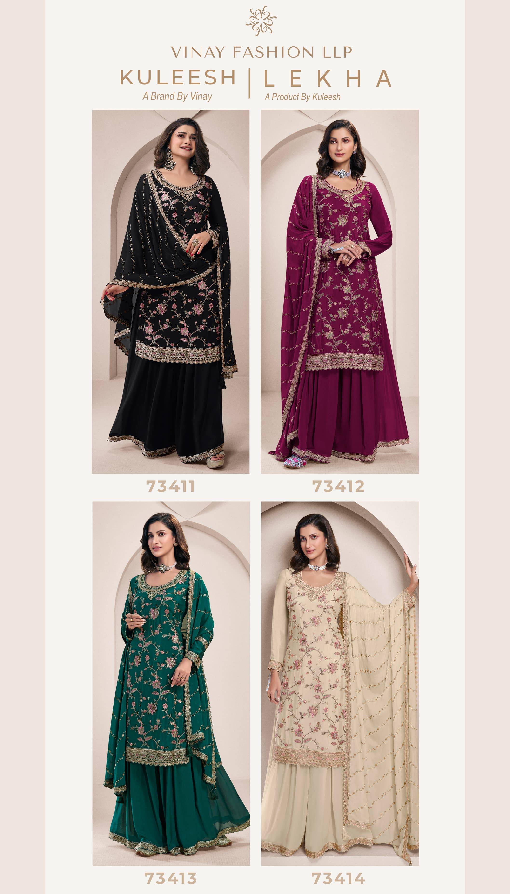 Lekha By Vinay Fashion 73411 To 73414 Series Designer Festive Suits Collection Beautiful Stylish Fancy Colorful Party Wear & Occasional Wear Embroidered Chinnon Dresses At Wholesale Price