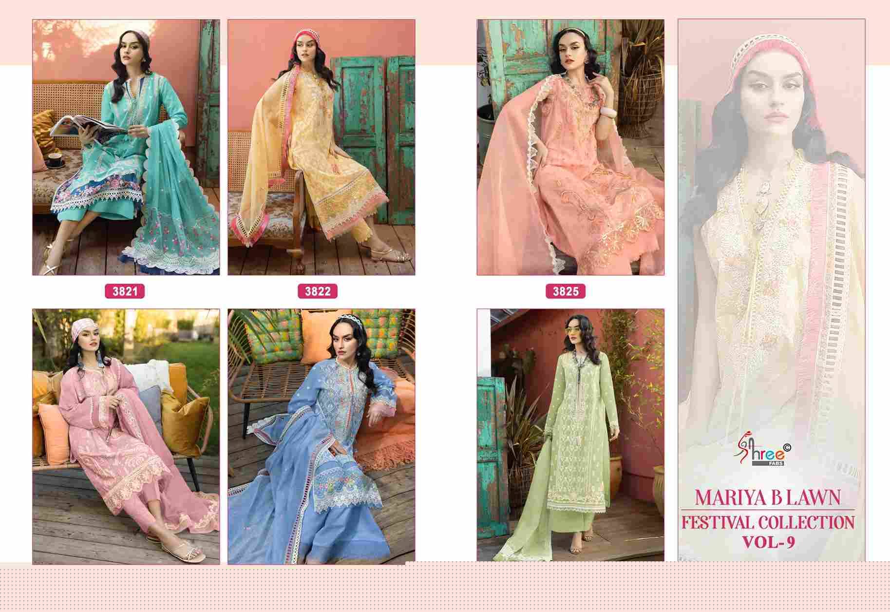 Mariya B Lawn Festival Collection Vol-9 By Shree Fabs 3821 To 3826 Series Designer Pakistani Suits Beautiful Stylish Fancy Colorful Party Wear & Occasional Wear Pure Cotton Embroidered Dresses At Wholesale Price