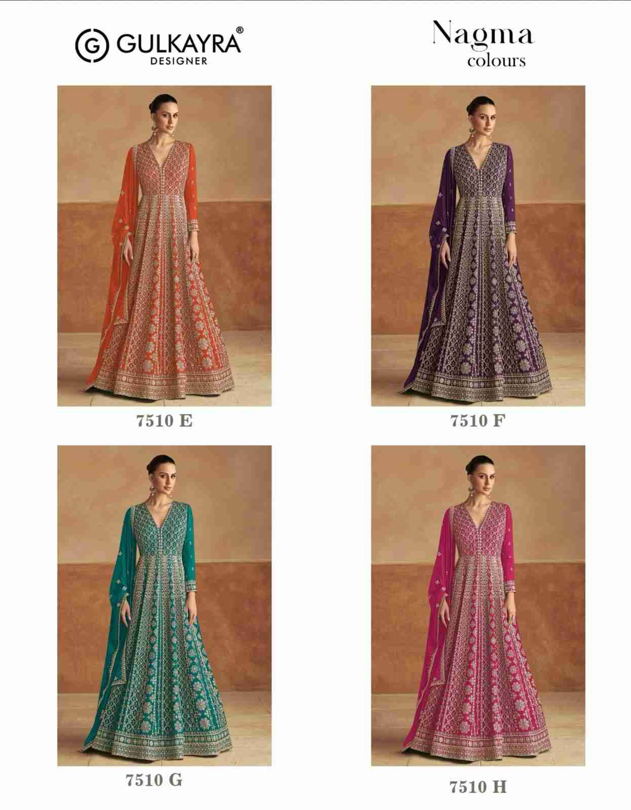 Nagma Colours 7510 By Gulkayra Designer 7510-E To 7510-H Series Designer Stylish Fancy Colorful Beautiful Party Wear & Ethnic Wear Collection Chinnon Gown With Bottom At Wholesale Price