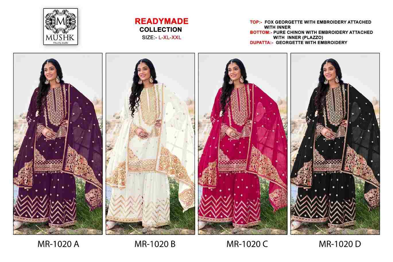 Mushk Hit Design R-1020 Colours By Mushk R-1020-A To R-1020-D Series Beautiful Winter Collection Pakistani Suits Stylish Fancy Colorful Casual Wear & Ethnic Wear Heavy Georgette Embroidery Dresses At Wholesale Price