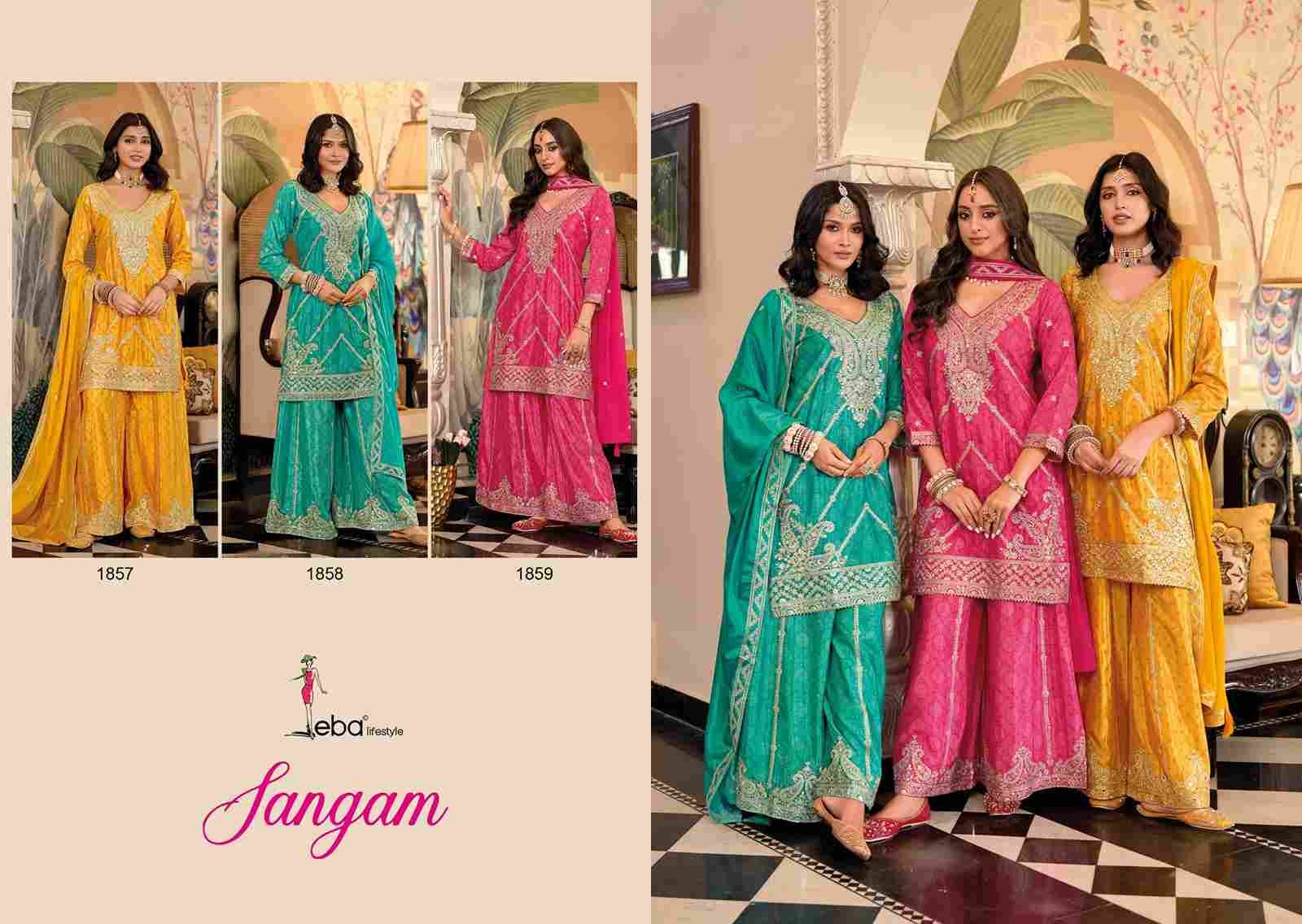 Sangam By Eba Lifestyle 1857 To 1859 Series Beautiful Sharara Suits Colorful Stylish Fancy Casual Wear & Ethnic Wear Chinnon Embroidery Dresses At Wholesale Price