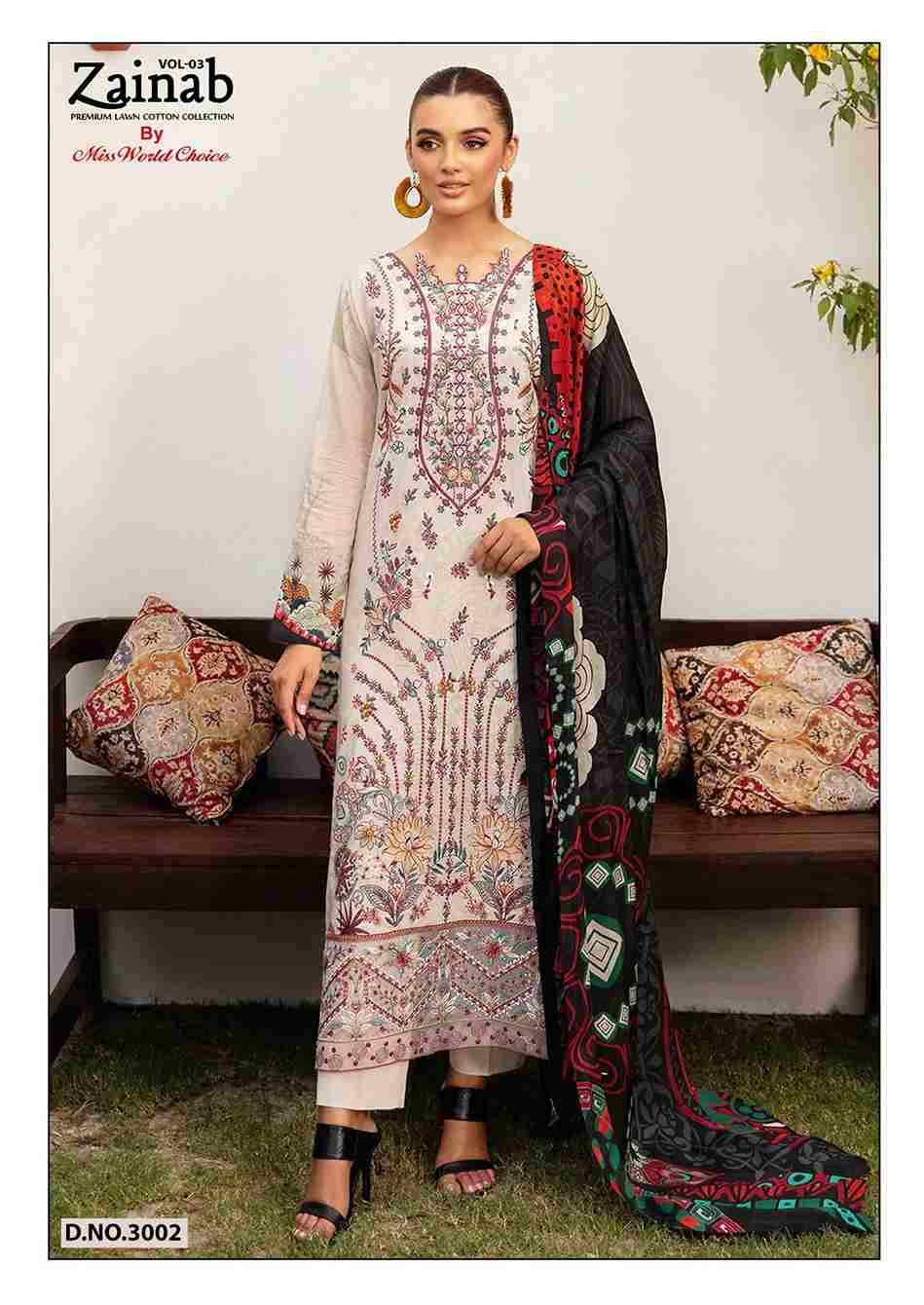 Zainab Vol-3 By Miss World Choice 3001 To 3006 Series Beautiful Festive Suits Colorful Stylish Fancy Casual Wear & Ethnic Wear Lawn Cotton Embroidered Dresses At Wholesale Price