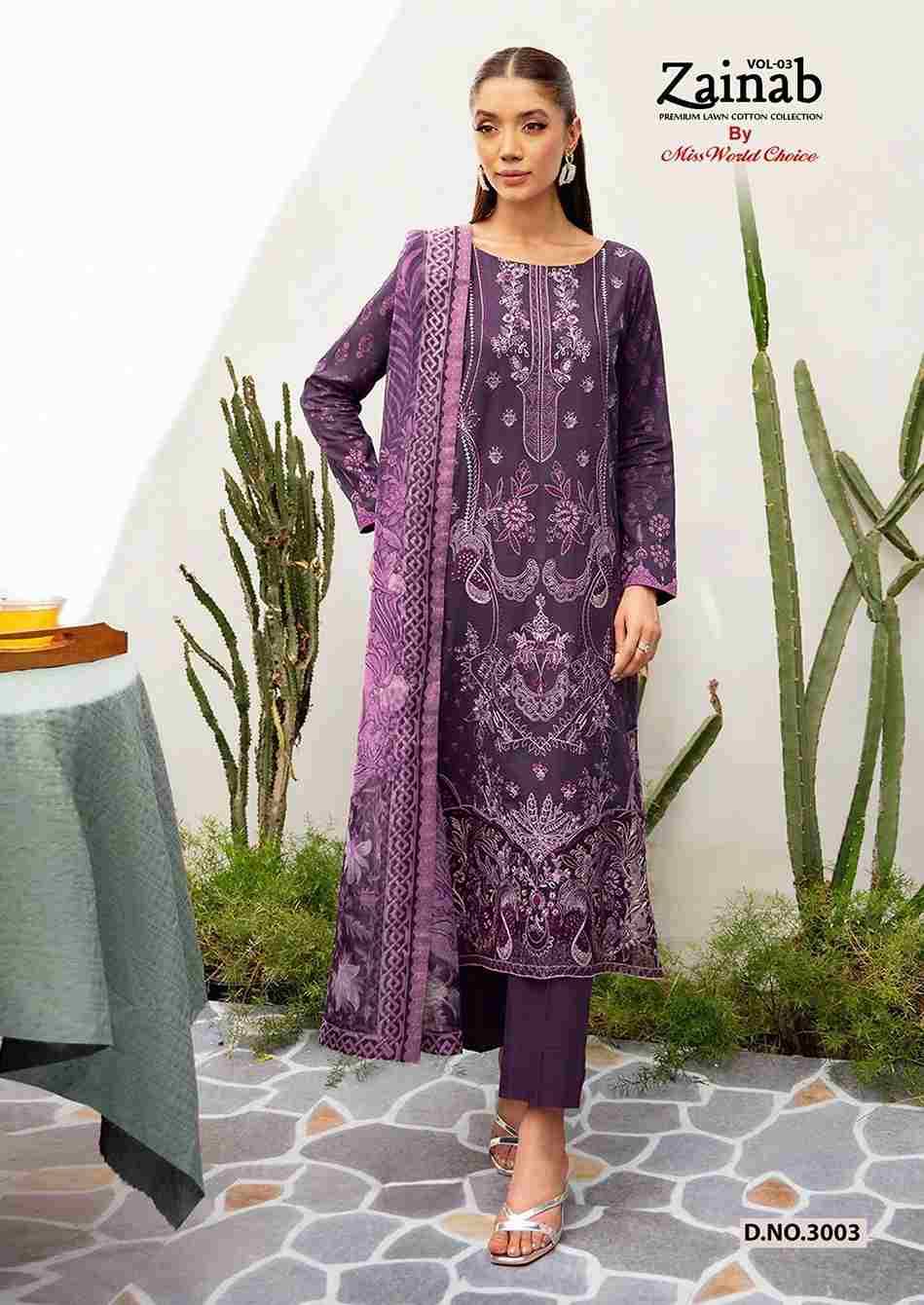 Zainab Vol-3 By Miss World Choice 3001 To 3006 Series Beautiful Festive Suits Colorful Stylish Fancy Casual Wear & Ethnic Wear Lawn Cotton Embroidered Dresses At Wholesale Price
