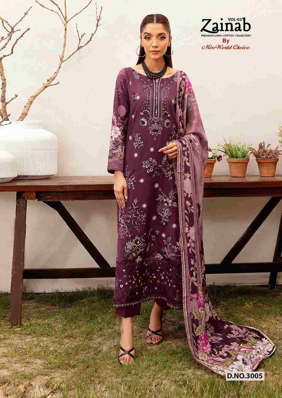 Zainab Vol-3 By Miss World Choice 3001 To 3006 Series Beautiful Festive Suits Colorful Stylish Fancy Casual Wear & Ethnic Wear Lawn Cotton Embroidered Dresses At Wholesale Price