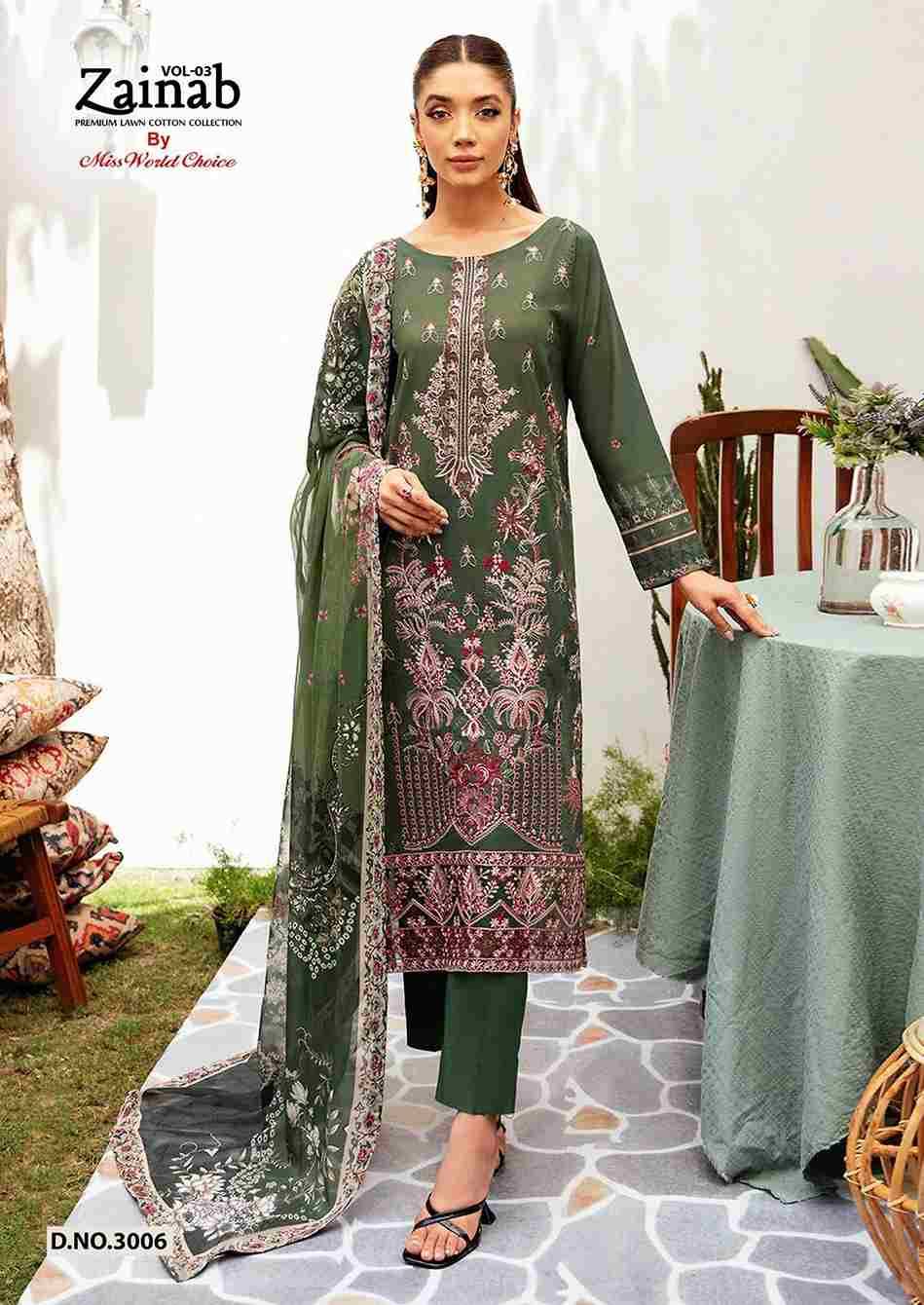 Zainab Vol-3 By Miss World Choice 3001 To 3006 Series Beautiful Festive Suits Colorful Stylish Fancy Casual Wear & Ethnic Wear Lawn Cotton Embroidered Dresses At Wholesale Price