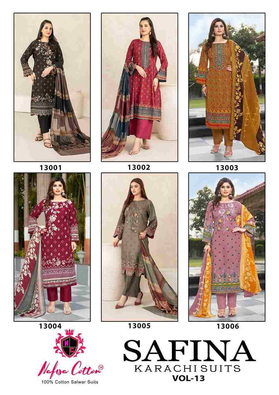 Safina Vol-13 By Nafisa Cotton 13001 To 13006 Series Beautiful Festive Suits Colorful Stylish Fancy Casual Wear & Ethnic Wear Pure Cotton Embroidered Dresses At Wholesale Price
