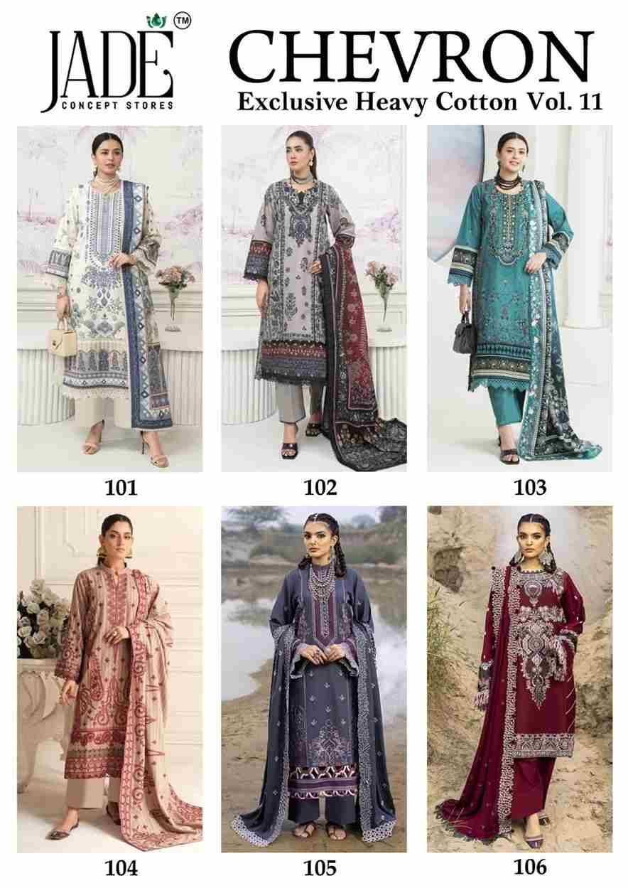 Chevron Vol-11 By Jade 101 To 106 Series Beautiful Festive Suits Colorful Stylish Fancy Casual Wear & Ethnic Wear Pure Lawn Cotton Embroidered Dresses At Wholesale Price