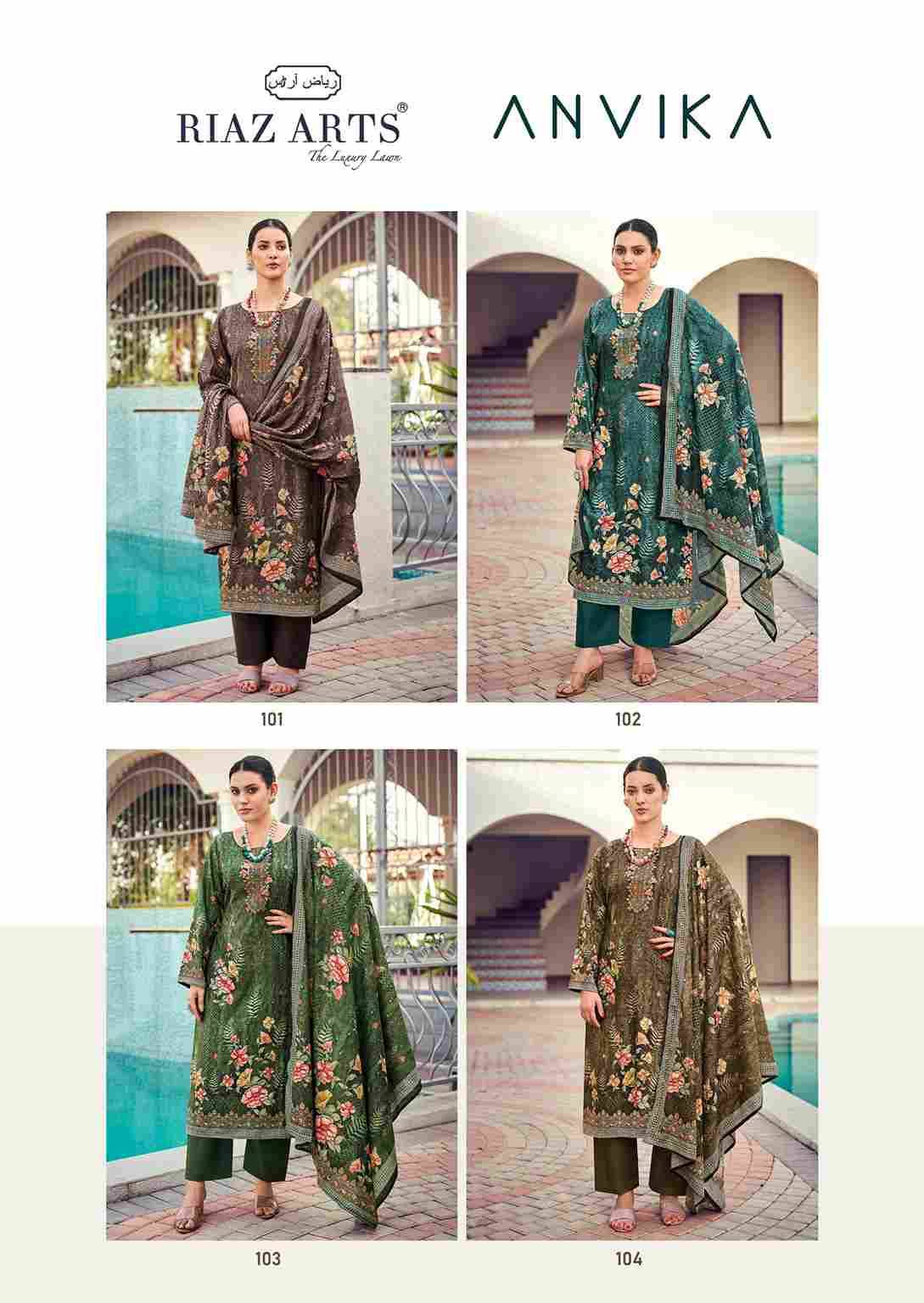 Anvika By Riaz Arts 101 To 104 Series Beautiful Festive Suits Stylish Fancy Colorful Casual Wear & Ethnic Wear Pure Cotton Print Dresses At Wholesale Price