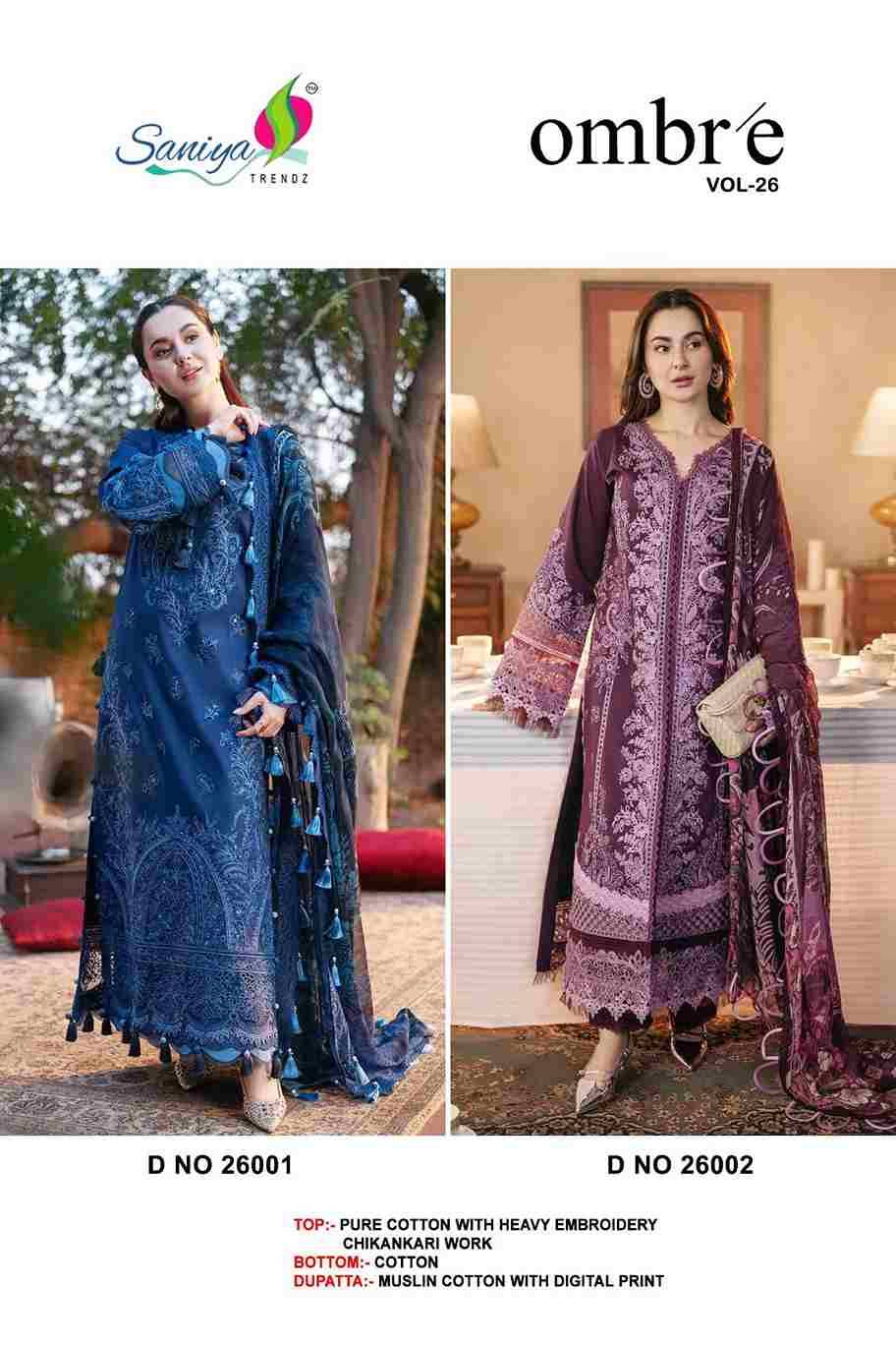 Ombre Vol-26 By Saniya Trendz 26001 To 26002 Series Beautiful Pakistani Suits Colorful Stylish Fancy Casual Wear & Ethnic Wear Cotton Embroidered Dresses At Wholesale Price
