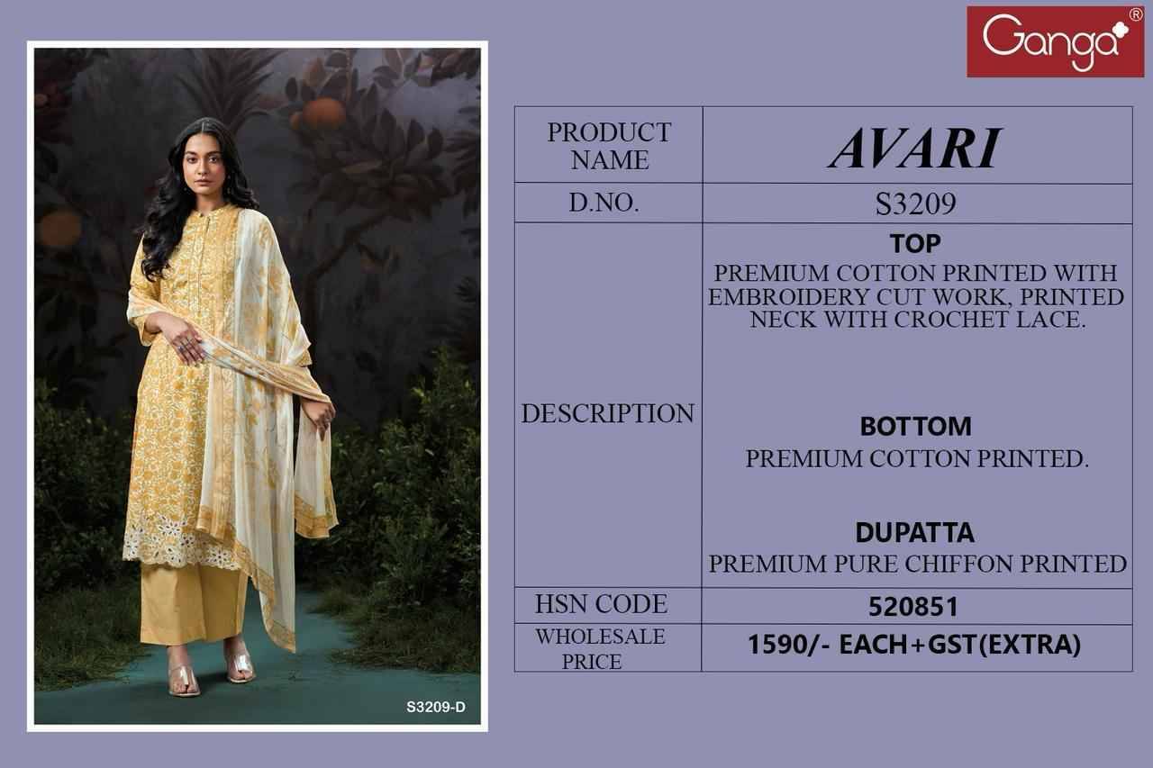 Avari-3209 By Ganga Fashion 3209-A To 3209-D Series Beautiful Festive Suits Colorful Stylish Fancy Casual Wear & Ethnic Wear Pure Cotton Print Dresses At Wholesale Price