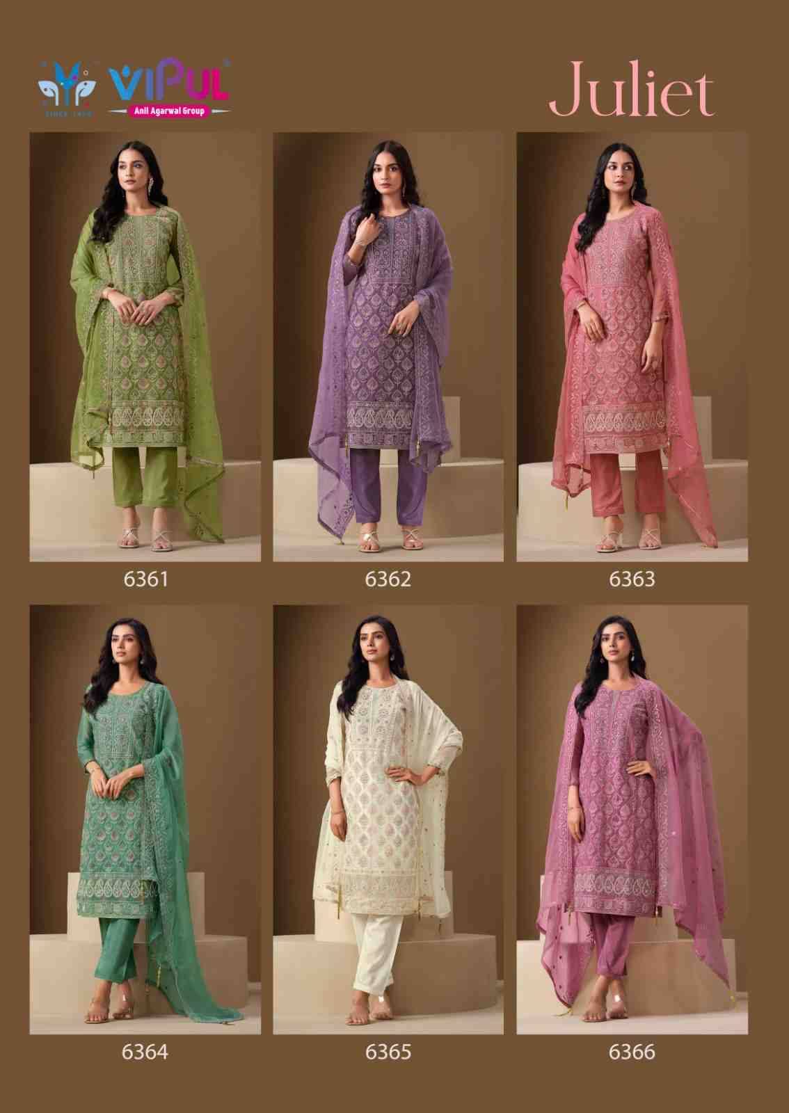 Juliet By Vipul Fashion 6361 To 6366 Series Designer Festive Suits Beautiful Fancy Stylish Colorful Party Wear & Occasional Wear Chiffon Embroidered Dresses At Wholesale Price