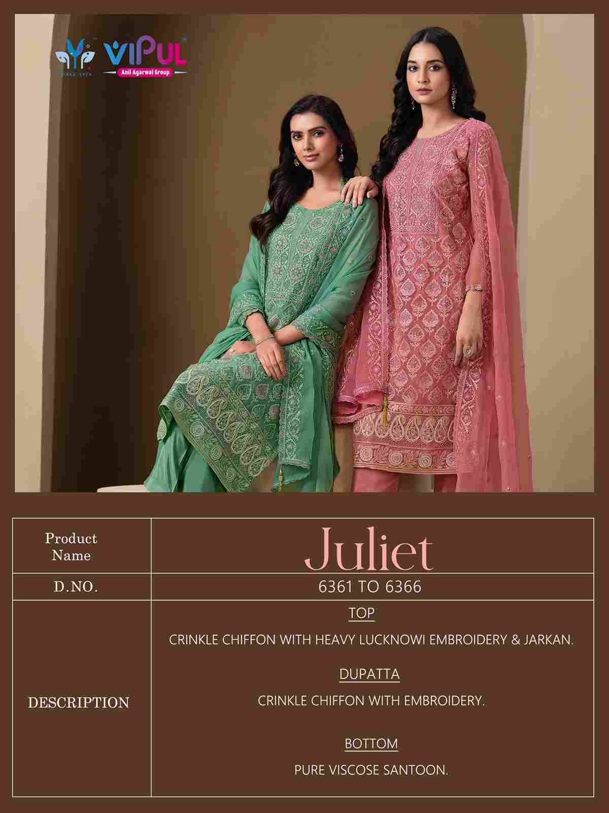 Juliet By Vipul Fashion 6361 To 6366 Series Designer Festive Suits Beautiful Fancy Stylish Colorful Party Wear & Occasional Wear Chiffon Embroidered Dresses At Wholesale Price