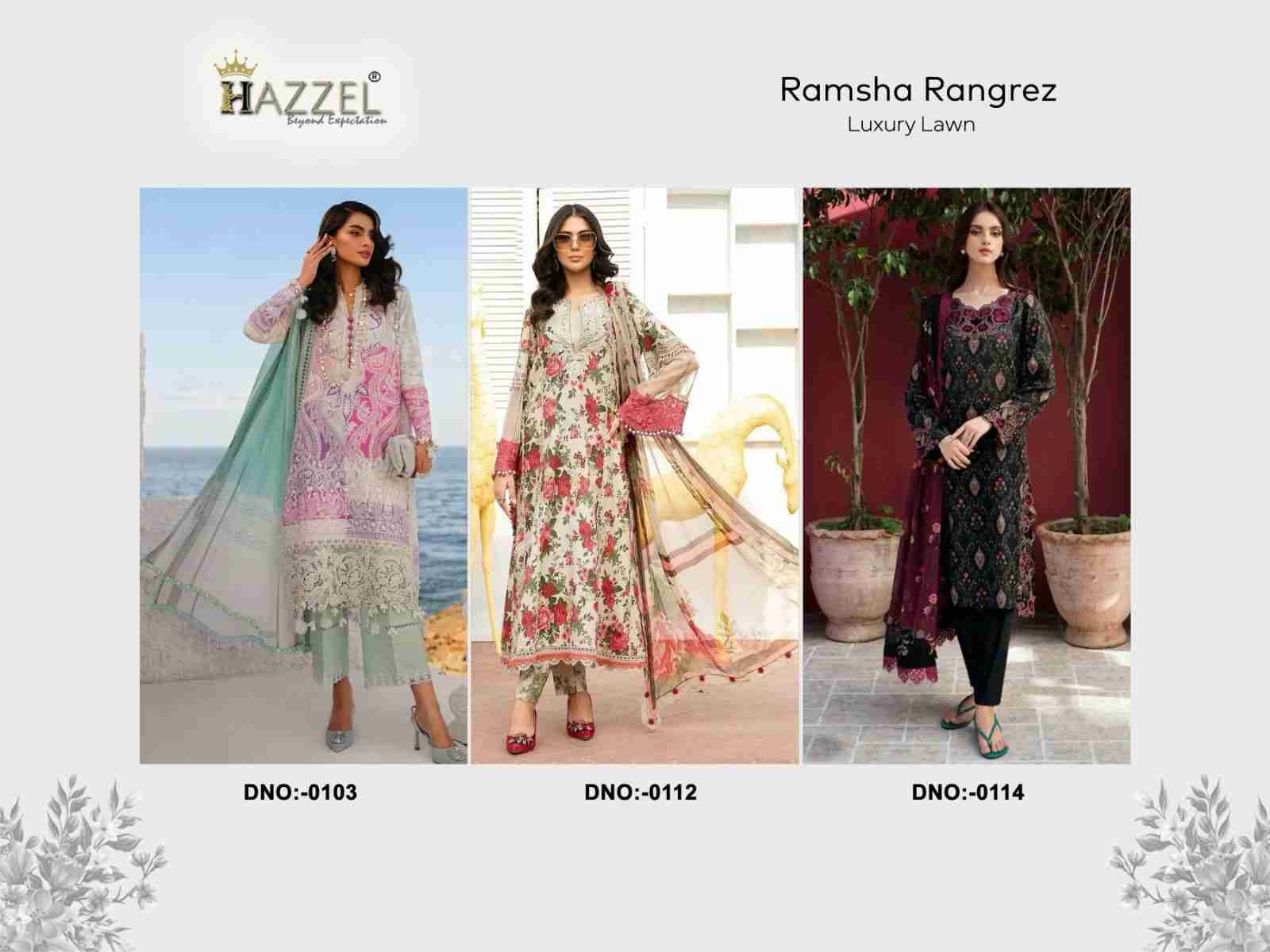 Ramsha Rangrez Luxury Lawn By Hazzel Designer Festive Pakistani Suits Collection Beautiful Stylish Fancy Colorful Party Wear & Occasional Wear Heavy Cotton Print With Patch Work Dresses At Wholesale Price