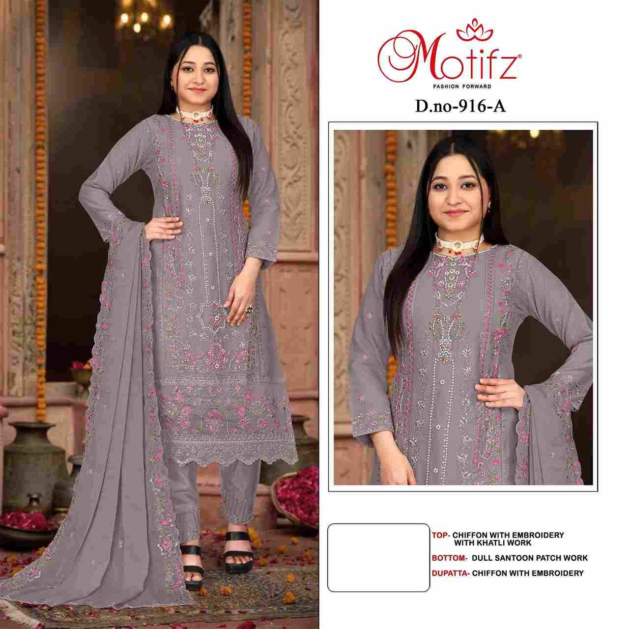 Motifz Hit Design 916 Colours By Motifz 916-A To 916-D Series Beautiful Pakistani Suits Colorful Stylish Fancy Casual Wear & Ethnic Wear Chiffon Dresses At Wholesale Price