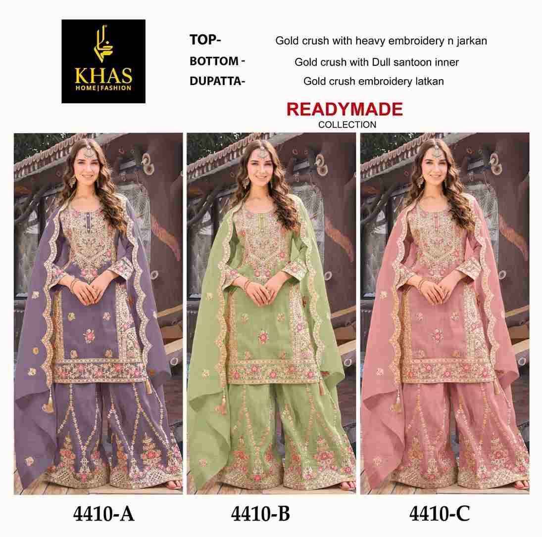 Khas 4410 Colours By Khas 4410-A To 4410-C Series Beautiful Pakistani Suits Colorful Stylish Fancy Casual Wear & Ethnic Wear Gold Crush Embroidered Dresses At Wholesale Price