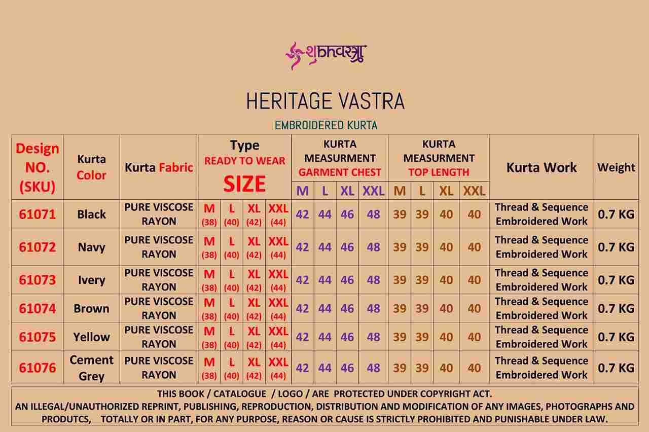 Heritage Vastra By Shubhvastra 61071 To 61076 Series Beautiful Colorful Stylish Fancy Casual Wear & Ethnic Wear & Ready To Wear Viscose Rayon Kurtas At Wholesale Price