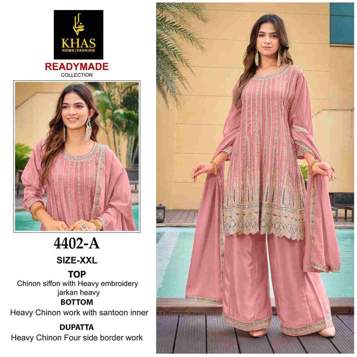 Khas 4402 Colours By Khas 4402-A To 4402-C Series Beautiful Pakistani Suits Colorful Stylish Fancy Casual Wear & Ethnic Wear Chinnon Chiffon Embroidered Dresses At Wholesale Price